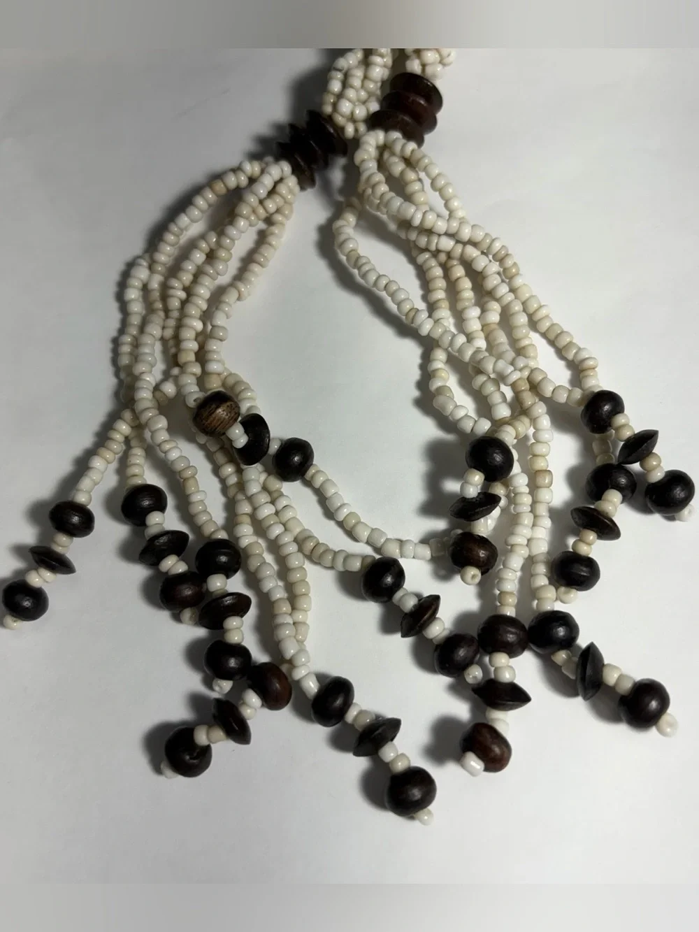 Vintage Braided Glass Seed Bead Tie Belt Cream White Wood Bead Tassels 60